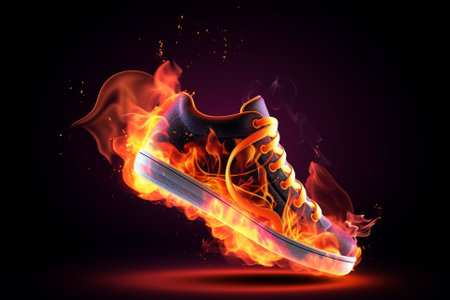 Sport shoe with flames of fire, symbolizing the intensity and passion of sports. The image captures the excitement and energy of competition, inspiring athletes to push their limits and strive for excellence. Ai generatedの素材