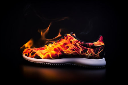 Sport shoe with flames of fire, symbolizing the intensity and passion of sports. The image captures the excitement and energy of competition, inspiring athletes to push their limits and strive for excellence. Ai generatedの素材