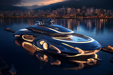 Futuristic luxury yacht docked in a port at sunset, showcasing the opulence and sophistication of high-end marine design. The image captures the beauty and tranquility of the sea, inspiring a sense of adventure and relaxation. Ai generatedの素材