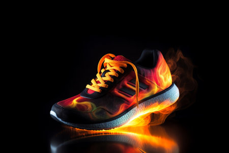 Sport shoe with flames of fire, symbolizing the intensity and passion of sports. The image captures the excitement and energy of competition, inspiring athletes to push their limits and strive for excellence. Ai generatedの素材