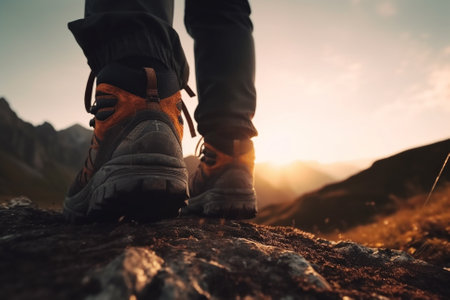 Detailed shot of hiker boots walking on a mountain trail at sunset. The image captures the spirit of adventure and exploration, inspiring a love for nature and the great outdoors. Ai generatedの素材