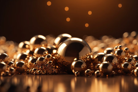 Golden background with gold marbles and spheres, creating a luxurious and opulent atmosphere. The image evokes a sense of abundance and prosperity, inspiring feelings of wealth and success. Ai generatedの素材