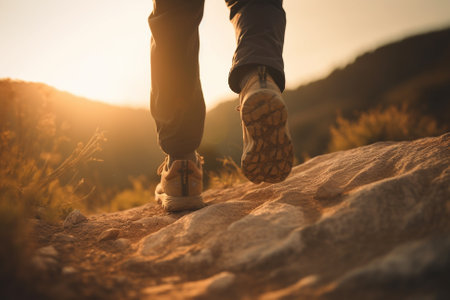 Detailed shot of hiker boots walking on a mountain trail at sunset. The image captures the spirit of adventure and exploration, inspiring a love for nature and the great outdoors. Ai generatedの素材