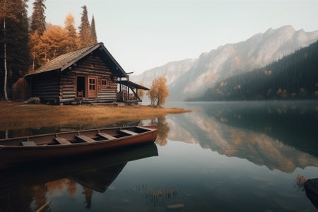 Peaceful and calming lakeside retreat featuring a wooden house surrounded by the still waters of a lake, the image evokes a sense of serenity and tranquility. Ai generatedの素材