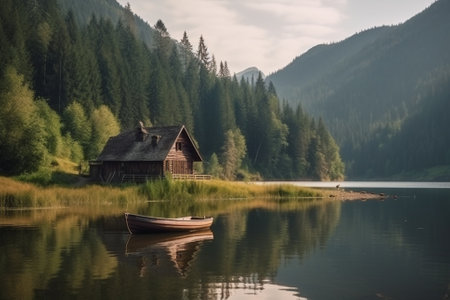 Peaceful and calming lakeside retreat featuring a wooden house surrounded by the still waters of a lake, the image evokes a sense of serenity and tranquility. Ai generatedの素材