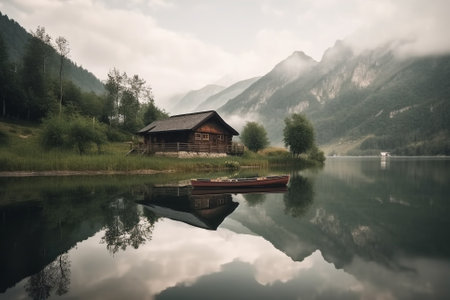 Peaceful and calming lakeside retreat featuring a wooden house surrounded by the still waters of a lake, the image evokes a sense of serenity and tranquility. Ai generatedの素材