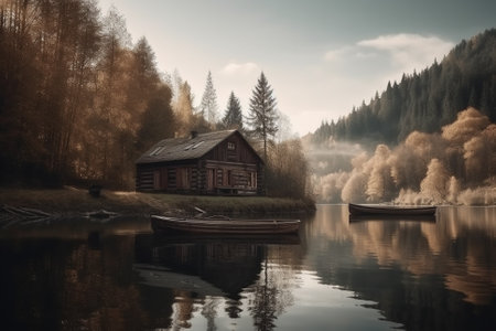 Peaceful and calming lakeside retreat featuring a wooden house surrounded by the still waters of a lake, the image evokes a sense of serenity and tranquility. Ai generatedの素材