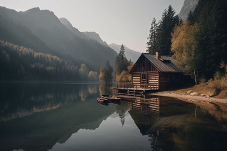 Peaceful and calming lakeside retreat featuring a wooden house surrounded by the still waters of a lake, the image evokes a sense of serenity and tranquility. Ai generatedの素材