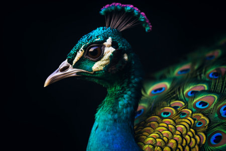 Peacock's Beauty in Detail. A detailed illustration of a peacock's head and its vibrant, colorful feathers in full display. Ai generatedの素材