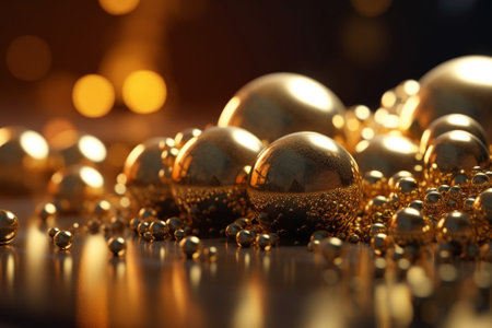 Golden background with gold marbles and spheres, creating a luxurious and opulent atmosphere. The image evokes a sense of abundance and prosperity, inspiring feelings of wealth and success. Ai generatedの素材