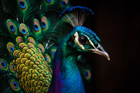 Peacock's Beauty in Detail. A detailed illustration of a peacock's head and its vibrant, colorful feathers in full display. Ai generatedの素材