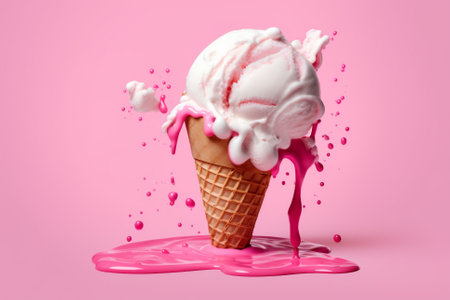 This illustration captures the essence of a sweet and indulgent treat with a melting pink ice cream cone on a pink background. The image is both playful and tempting, evoking a sense of joy and happiness. Ai generatedの素材