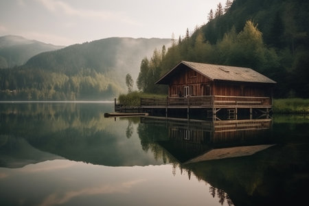 Peaceful and calming lakeside retreat featuring a wooden house surrounded by the still waters of a lake, the image evokes a sense of serenity and tranquility. Ai generatedの素材