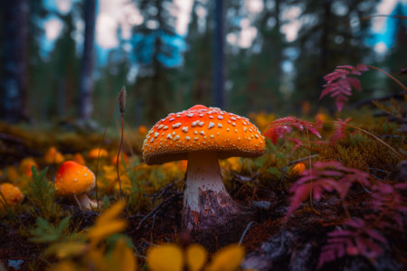 Enchanting beauty of a close-up shot of a mushroom in the forest. The intricate details of the mushroom's cap and stem, as well as the vibrant colors and textures of the surrounding foliage, create a sense of wonder and magic. Ai generatedの素材