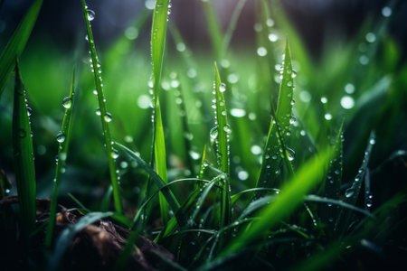 Close-up shot of green grass with dew drops glistening in the morning sun. The image captures the freshness and purity of nature, evoking a sense of calm and tranquility. Ai generatedの素材