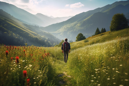Hiker walking on a green meadow trail against the backdrop of a breathtaking mountain landscape. The image conveys a sense of adventure, freedom, and tranquility, evoking a desire to explore and connect with the natural world. Ai generatedの素材