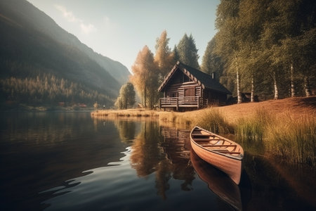 Peaceful and calming lakeside retreat featuring a wooden house surrounded by the still waters of a lake, the image evokes a sense of serenity and tranquility. Ai generatedの素材