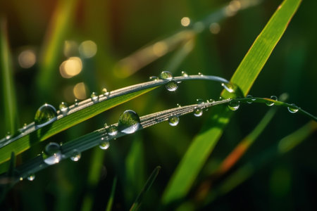Close-up shot of green grass with dew drops glistening in the morning sun. The image captures the freshness and purity of nature, evoking a sense of calm and tranquility. Ai generatedの素材