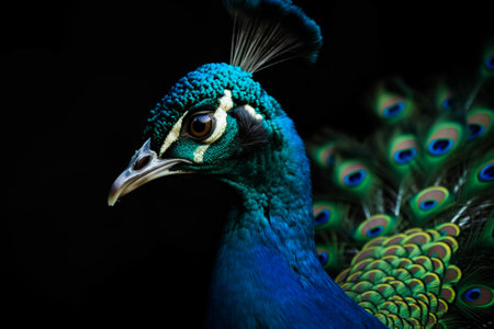 Peacock's Beauty in Detail. A detailed illustration of a peacock's head and its vibrant, colorful feathers in full display. Ai generatedの素材