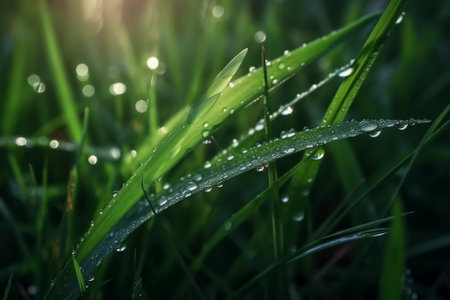 Close-up shot of green grass with dew drops glistening in the morning sun. The image captures the freshness and purity of nature, evoking a sense of calm and tranquility. Ai generatedの素材