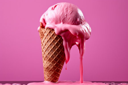 This illustration captures the essence of a sweet and indulgent treat with a melting pink ice cream cone on a pink background. The image is both playful and tempting, evoking a sense of joy and happiness. Ai generatedの素材