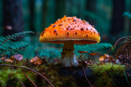 Enchanting beauty of a close-up shot of a mushroom in the forest. The intricate details of the mushroom's cap and stem, as well as the vibrant colors and textures of the surrounding foliage, create a sense of wonder and magic. Ai generatedの素材
