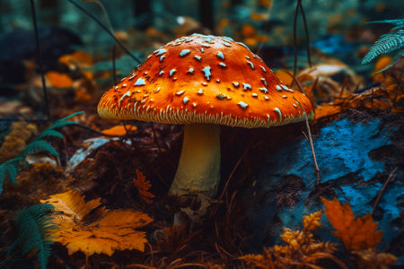 Enchanting beauty of a close-up shot of a mushroom in the forest. The intricate details of the mushroom's cap and stem, as well as the vibrant colors and textures of the surrounding foliage, create a sense of wonder and magic. Ai generatedの素材