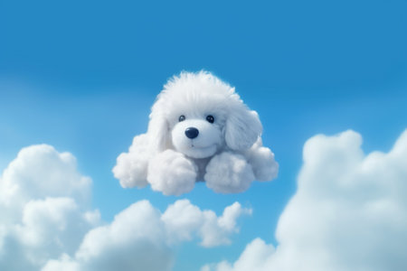 This delightful illustration captures a cloud formation in the shape of an adorable puppy face against a clear blue sky. The image evokes a sense of playfulness and joy, as if the sky itself is smiling down on us. Ai generatedの素材