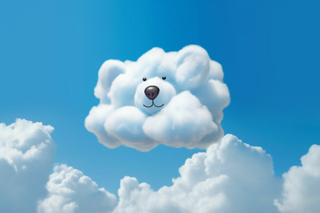 This delightful illustration captures a cloud formation in the shape of an adorable puppy face against a clear blue sky. The image evokes a sense of playfulness and joy, as if the sky itself is smiling down on us. Ai generatedの素材