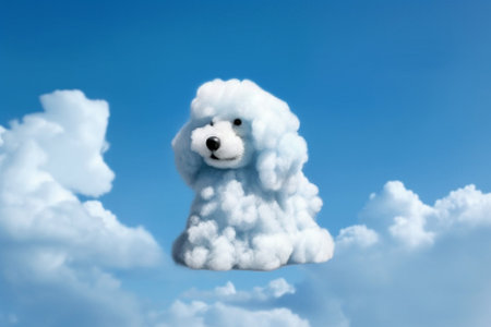 This delightful illustration captures a cloud formation in the shape of an adorable puppy face against a clear blue sky. The image evokes a sense of playfulness and joy, as if the sky itself is smiling down on us. Ai generatedの素材