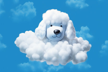 This delightful illustration captures a cloud formation in the shape of an adorable puppy face against a clear blue sky. The image evokes a sense of playfulness and joy, as if the sky itself is smiling down on us. Ai generatedの素材