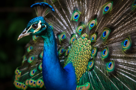 Peacock's Beauty in Detail. A detailed illustration of a peacock's head and its vibrant, colorful feathers in full display. Ai generatedの素材