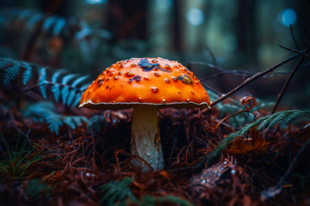 Enchanting beauty of a close-up shot of a mushroom in the forest. The intricate details of the mushroom's cap and stem, as well as the vibrant colors and textures of the surrounding foliage, create a sense of wonder and magic. Ai generatedの素材