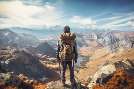 Backpacker stands atop a vantage point, gazing upon a vast, uncharted wilderness, igniting the spirit of adventure and the call of the unknown. Ai generatedの素材