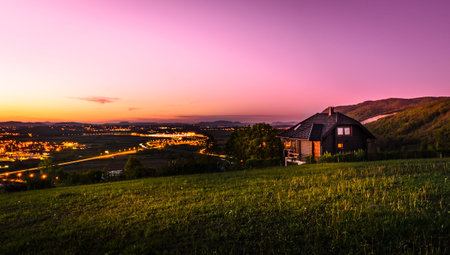 House on the top of the hill with beautiful viewの写真素材