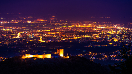 Night shot of Old town Medvedgrad from Sljeme mountain in Zagrebの写真素材