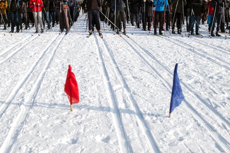 Ski race. Skiers on the start line in anticipation of the start of the race.の写真素材