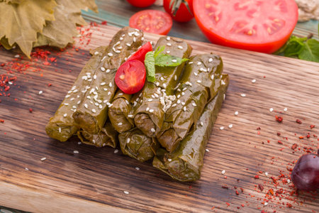 Marinated grape leaves of a dalma with stuffing of rice and vegetablesの写真素材