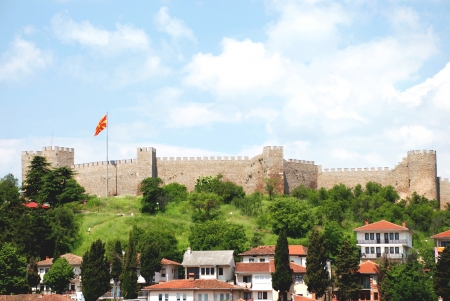 Samuel s Fortress, Macedonian flag and part of the old part of Ohrid, Ohrid, Macedoniaのeditorial素材