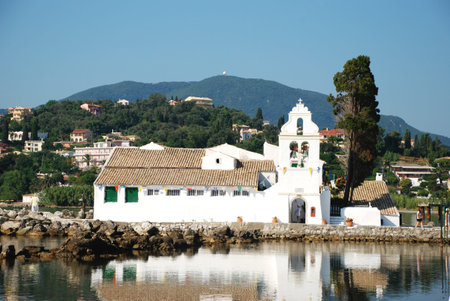 Vlacherna Monastery and Mouse island on Corfu, Greece のeditorial素材