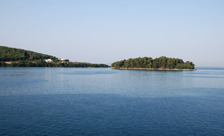 Looking to mainland from the sea の写真素材