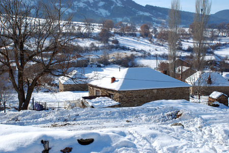 Winter landscape of a village in Macedoniaの写真素材