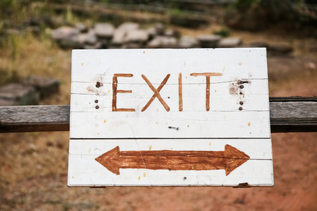 Exit sign made of wood in forest backgroundの写真素材