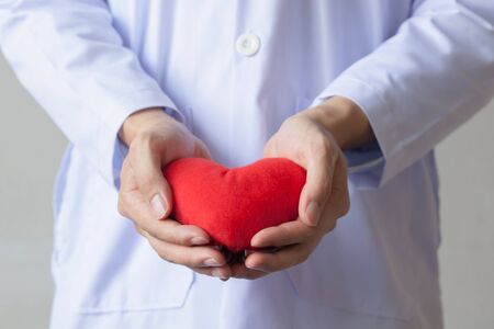 Doctor giving a heart shape object in white isolated background.の写真素材