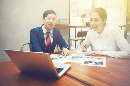 Business man and Surprising Business woman having discussion in business meeting- Business meeting and Diverse teamwork conceptの写真素材