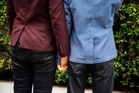 Gay couple holding hands together. Back of homosexual men walking in the parkの写真素材