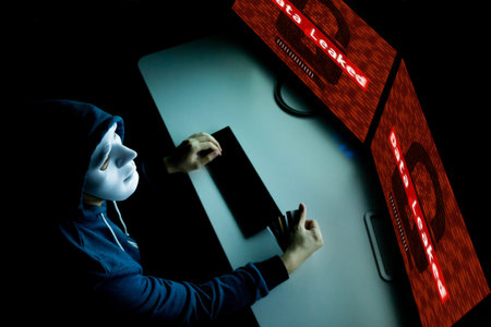 Masked hacker under hood using computer to hack into system and employ data leaking process -...