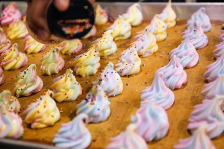 Many colorful rainbow sugar confectionery meringues ready to serve on tray in kitchen