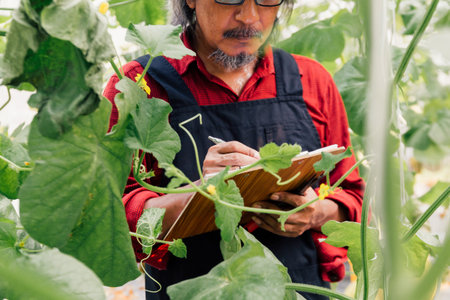 Close up of senior South East Asian farmer examining and checking agriculture plants
