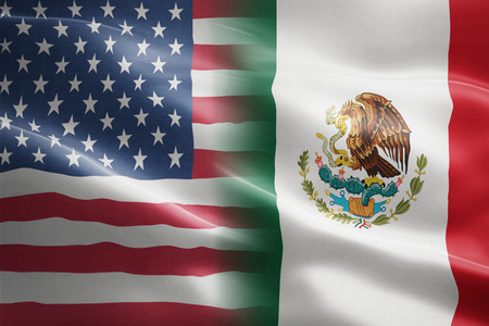 Flag of United States of America and Mexico - indicates partnership, agreement, or trade wall and conflict between these two countriesの写真素材